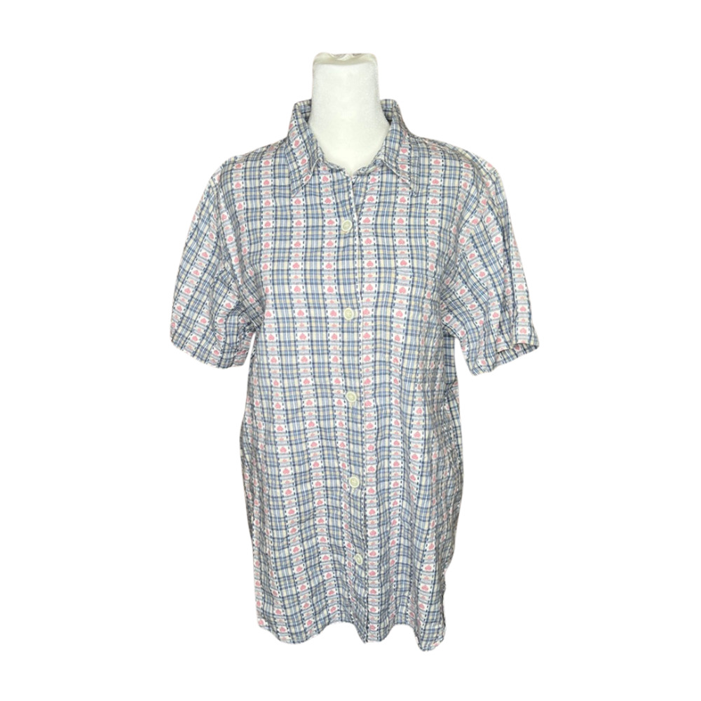 Vtg 90s Fashion Bug Plaid Button-up Shirt Hearts Cottagecore Whimsical Farmhouse